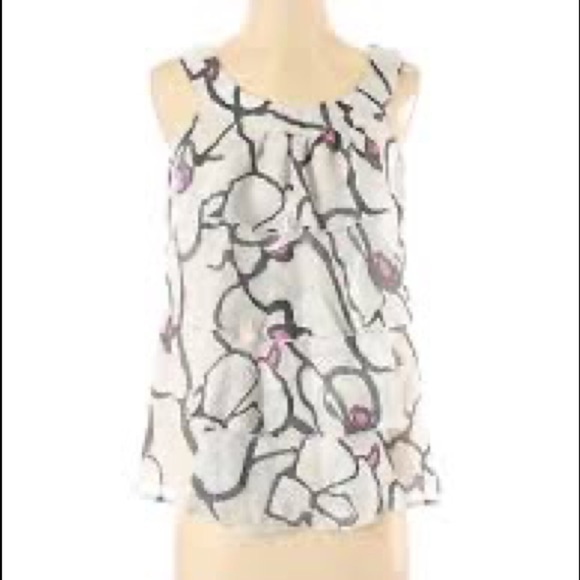 Ann Taylor Loft Floral Ruffle Scoopneck Sleeveless Blouse top White Black Small - Picture 1 of 9